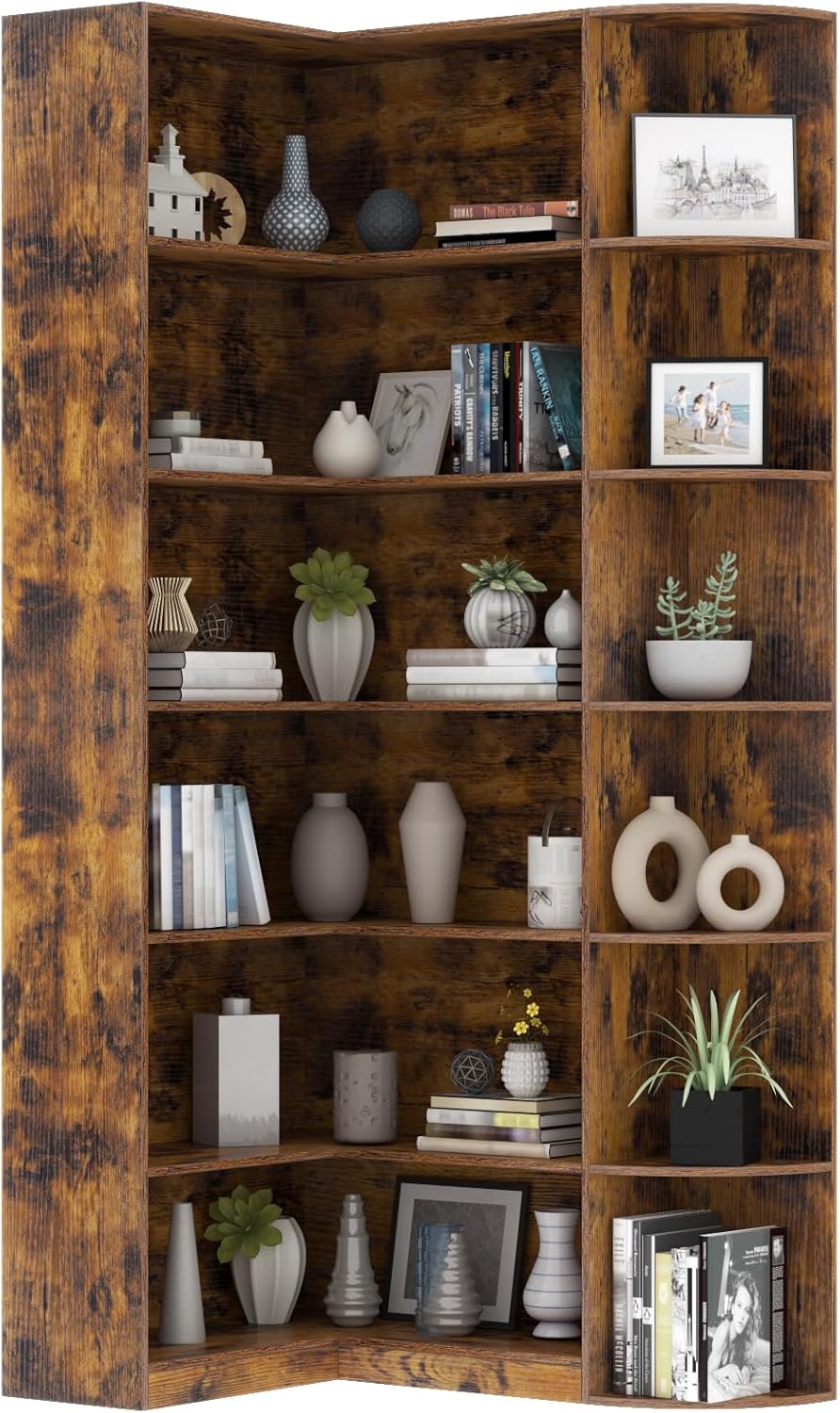 Loomie Bookshelves, 6 Tiers Shelf Large Tall Corner Etagere Bookcase with Full Baffle, L-Shaped