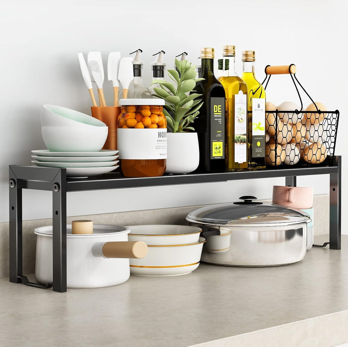 Expandable Cabinet Shelf Organizer 16-26" L Stackable Kitchen Counter Shelf Rack Sink Riser