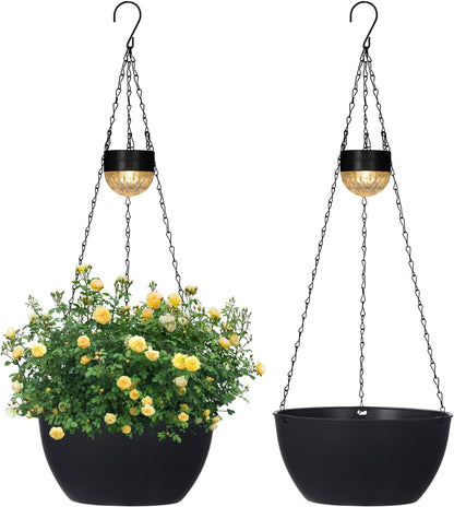 2 Packs Hanging Planters Basket for Outdoor Plants, Solar Powered Self Watering Black Round Plastic