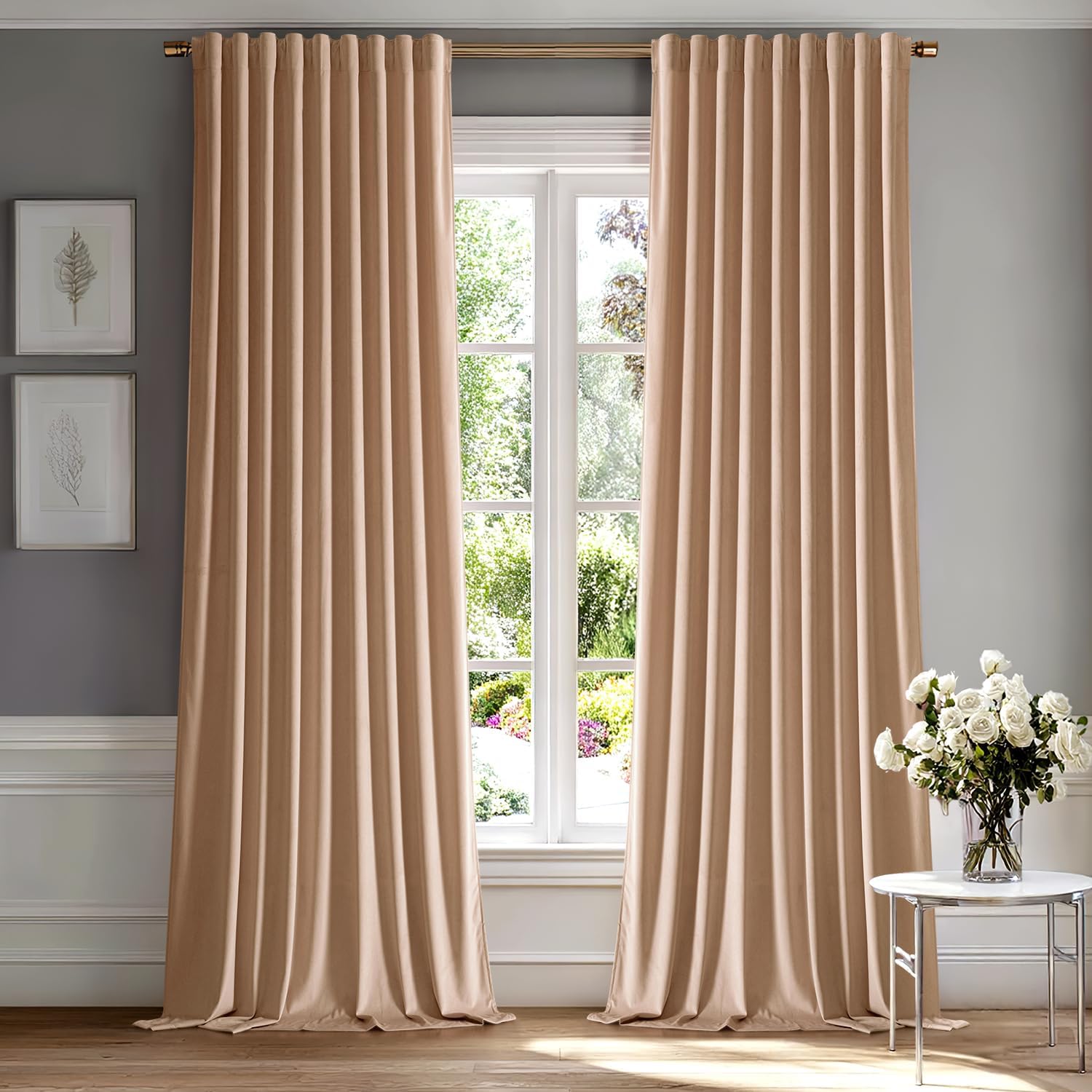 MIULEE Blush Beige Velvet Curtains 84 inches 2 Panels - Luxury Room Darkening Window Drapes for
