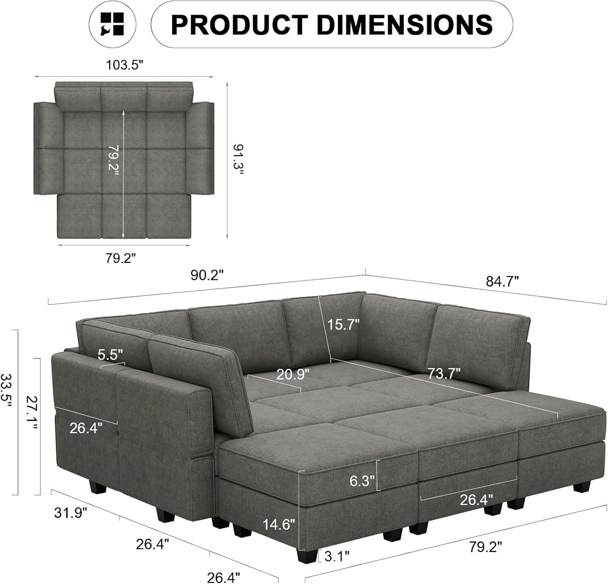 Belffin Modular Sectional Sleeper Sofa Couch with Storage Ottoman Convertible Sectional Couches for
