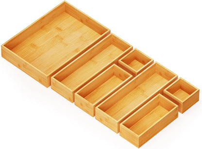 SpaceAid 7-Piece Bamboo Drawer Organizer Storage Boxes Set, Wood Tray Junk Drawer Organizers