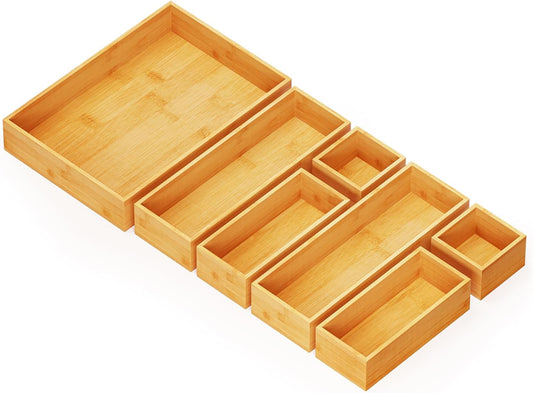 SpaceAid 7-Piece Bamboo Drawer Organizer Storage Boxes Set, Wood Tray Junk Drawer Organizers