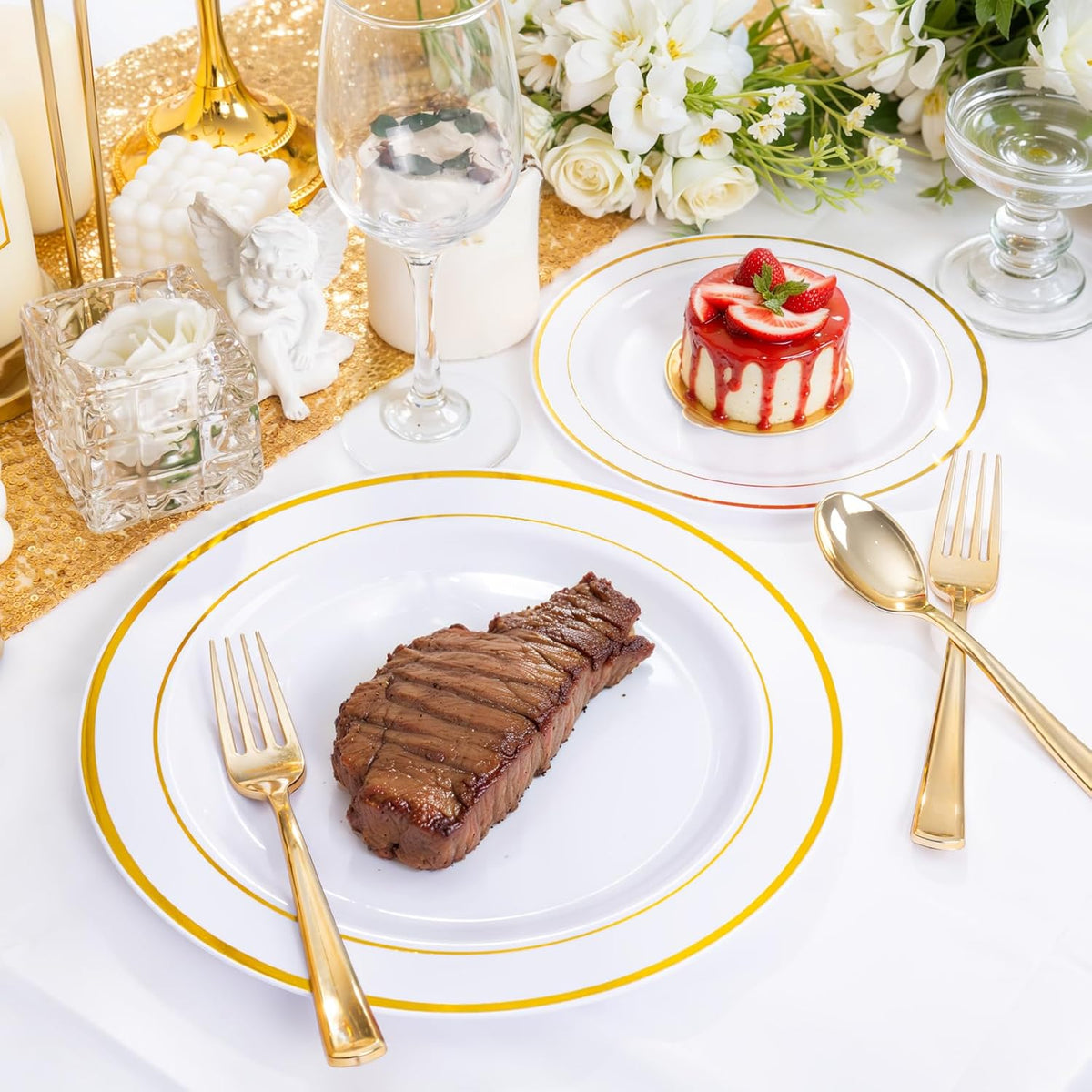 350 Pieces White and Gold Plastic Plates - 50 Guest Thanksgiving Dinnerware Set Include 100 Plates