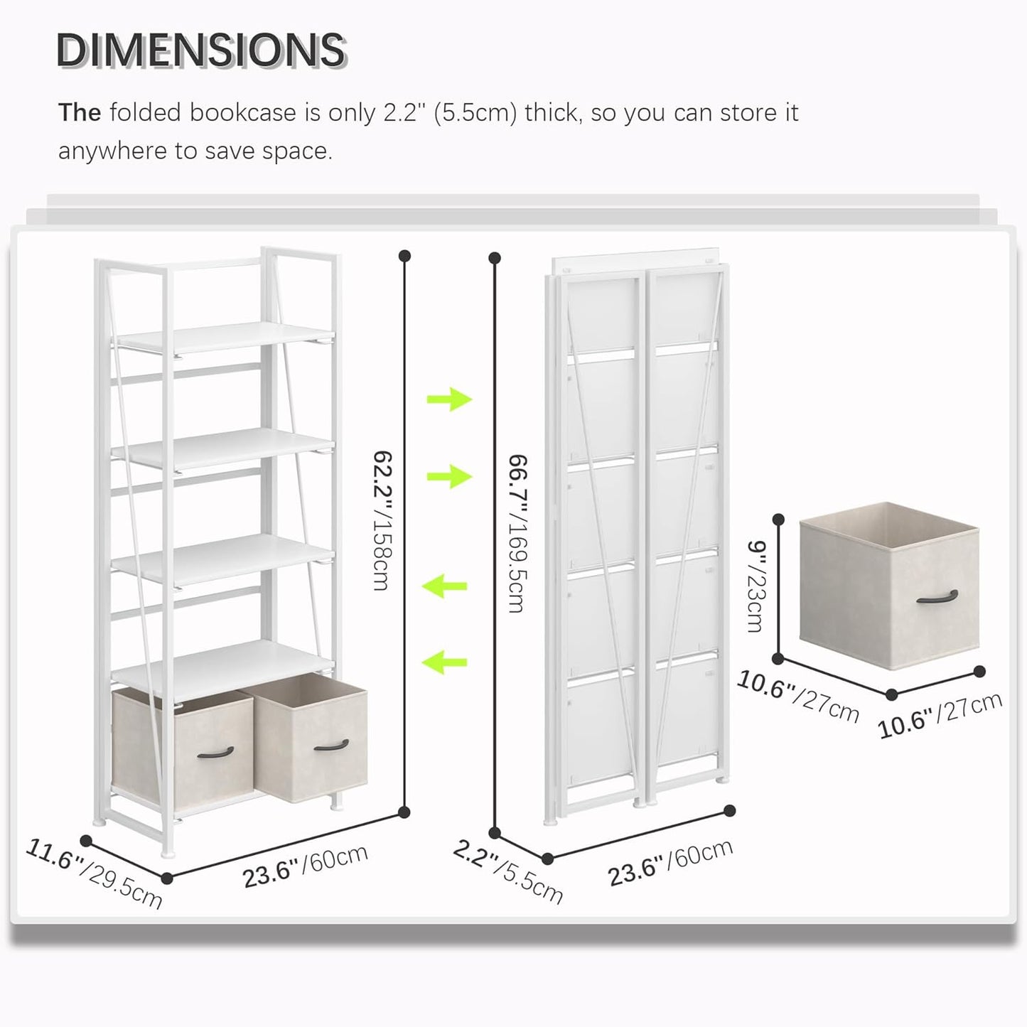 4NM No Assembly Foldable Bookshelf, 5-Shelf Collapsible Bookcase Storage for Small Spaces, 62.2" H