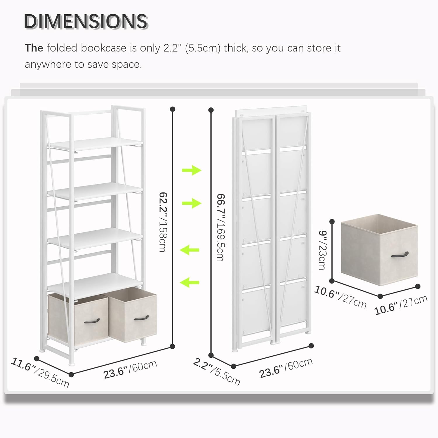 4NM No Assembly Foldable Bookshelf, 5-Shelf Collapsible Bookcase Storage for Small Spaces, 62.2" H