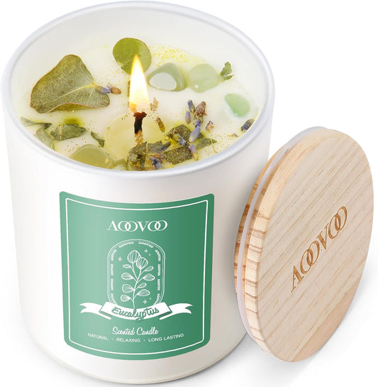 AOOVOO Eucalyptus Mint Scented Candles for Women - Aromatherapy Candle with Crystals Inside, 10oz