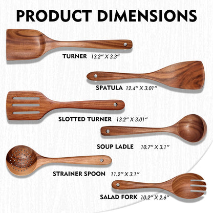Wooden Spoons for Cooking 6 Piece, Natural Teak Kitchen Utensils Spatula, Smooth Finish Wooden