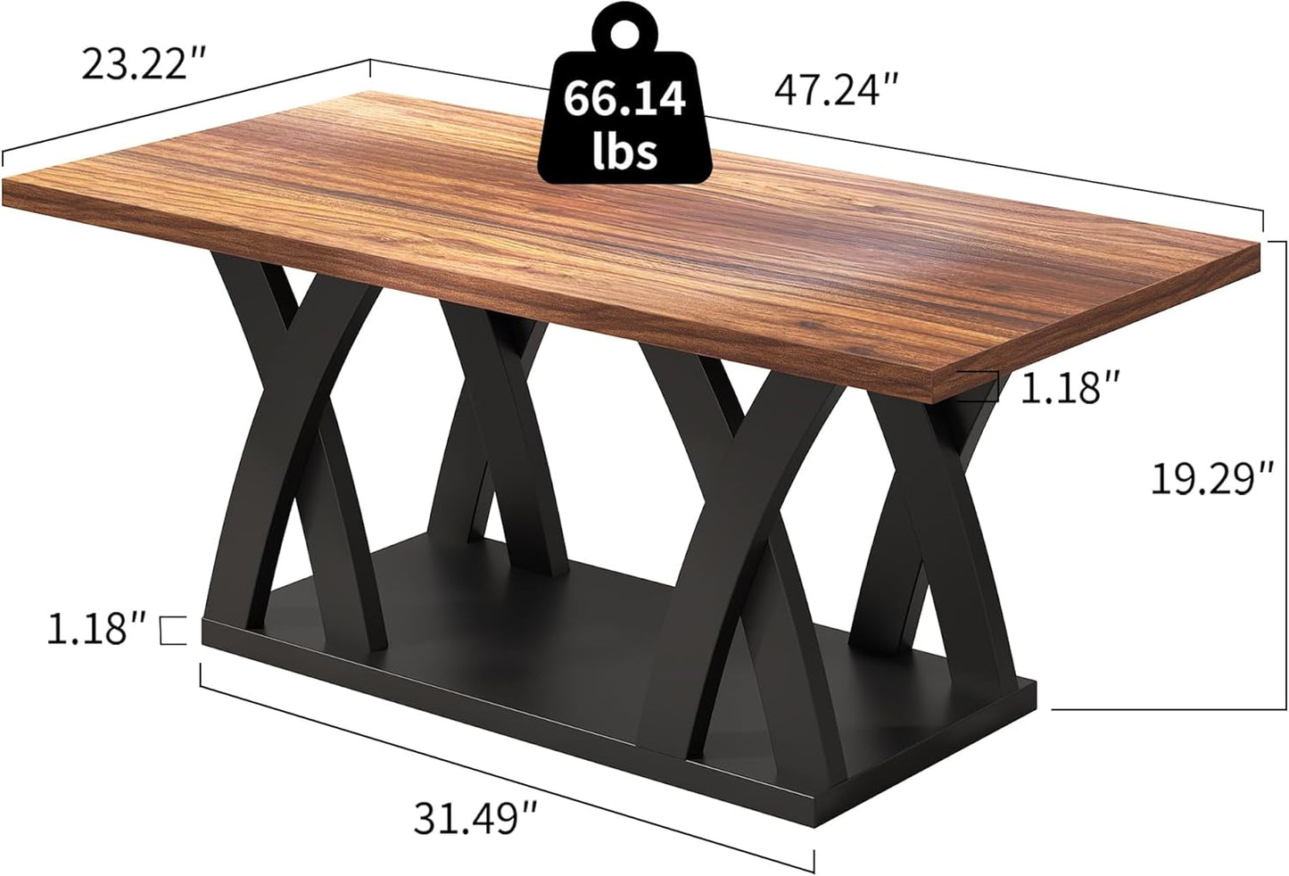 47” Wood Coffee Tables for Living Room Rustic Stands with Storage Shelf Black Blown Coffee Tables