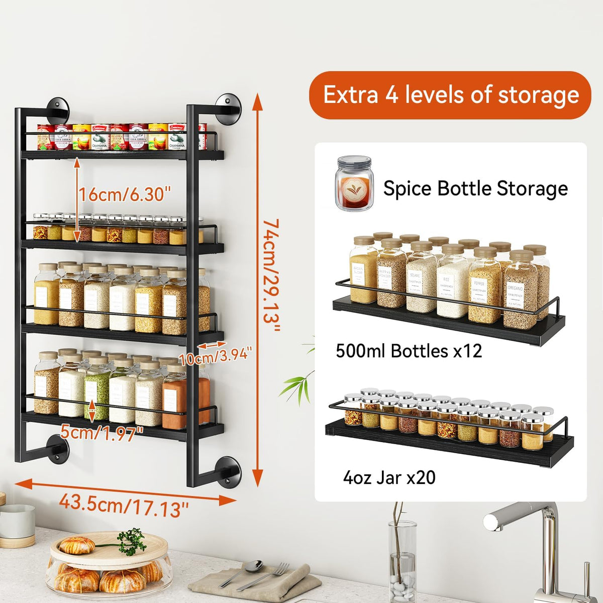 IBUYKE Spice Rack Wall Mount,4 Tier Hanging Seasoning Organizer, Spice Rack for Wall for up to 50
