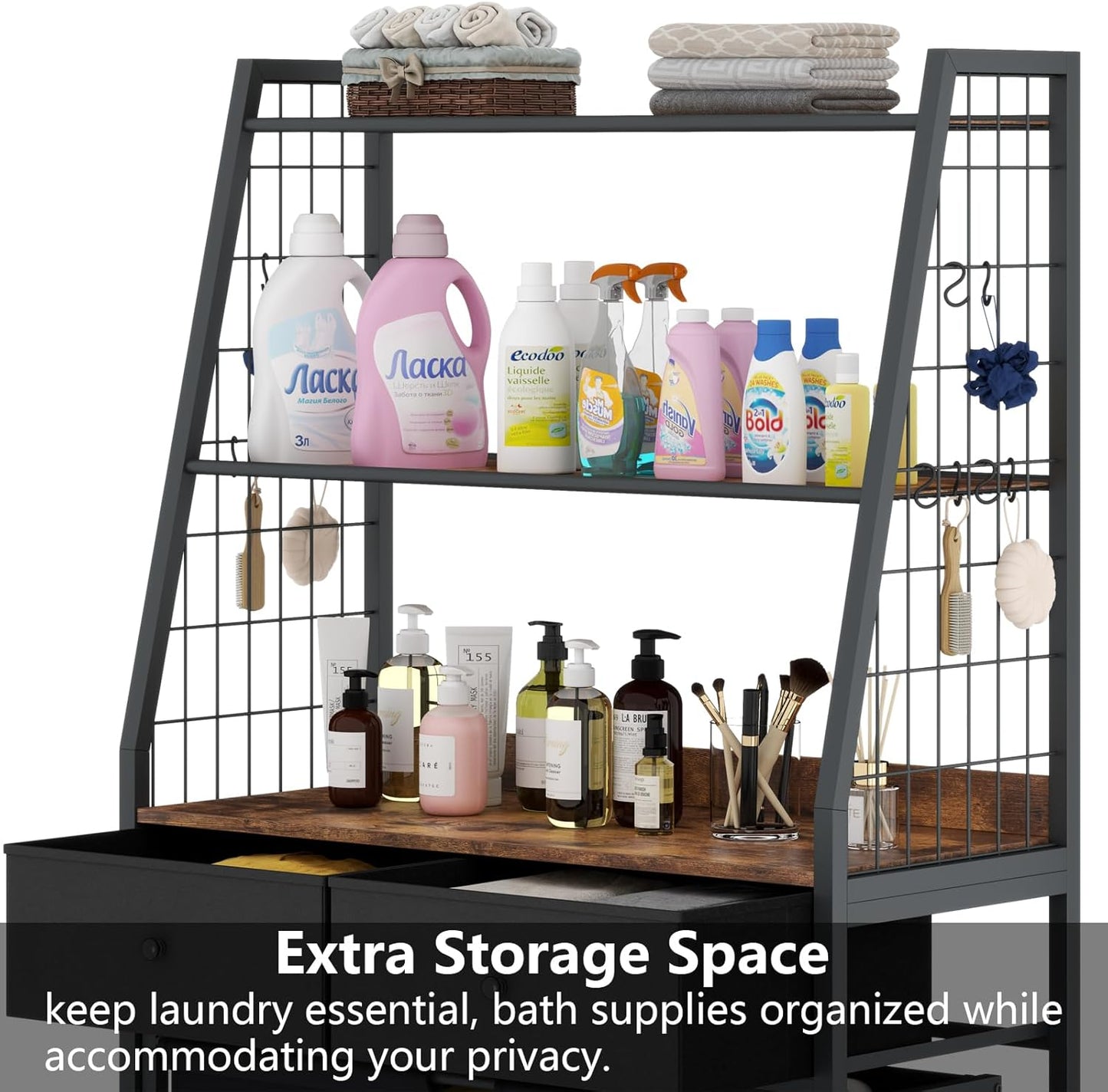 Laundry Hamper Laundry Basket with 3 Section Pull-Out Rolling Bags & 2-Tier Storage Shelf, Laundry