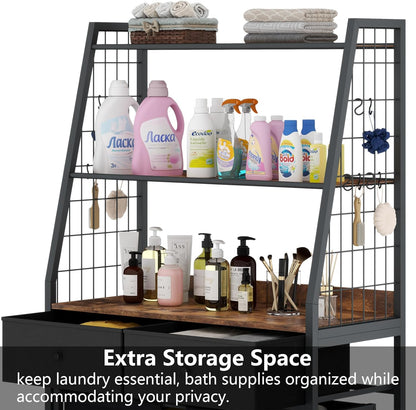 Laundry Hamper Laundry Basket with 3 Section Pull-Out Rolling Bags & 2-Tier Storage Shelf, Laundry