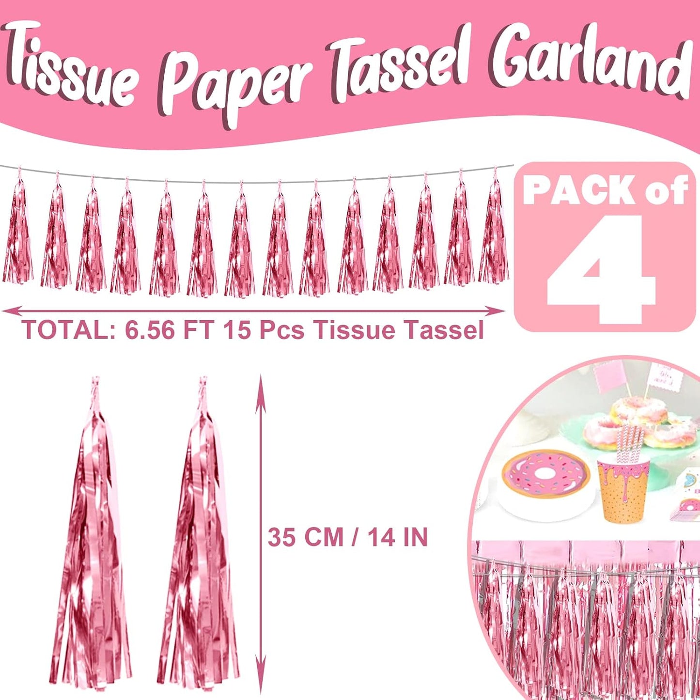 4P Light Pink Foil Fringe Metallic Tassel Streamers Banner Tassel Garland for Parade Floats