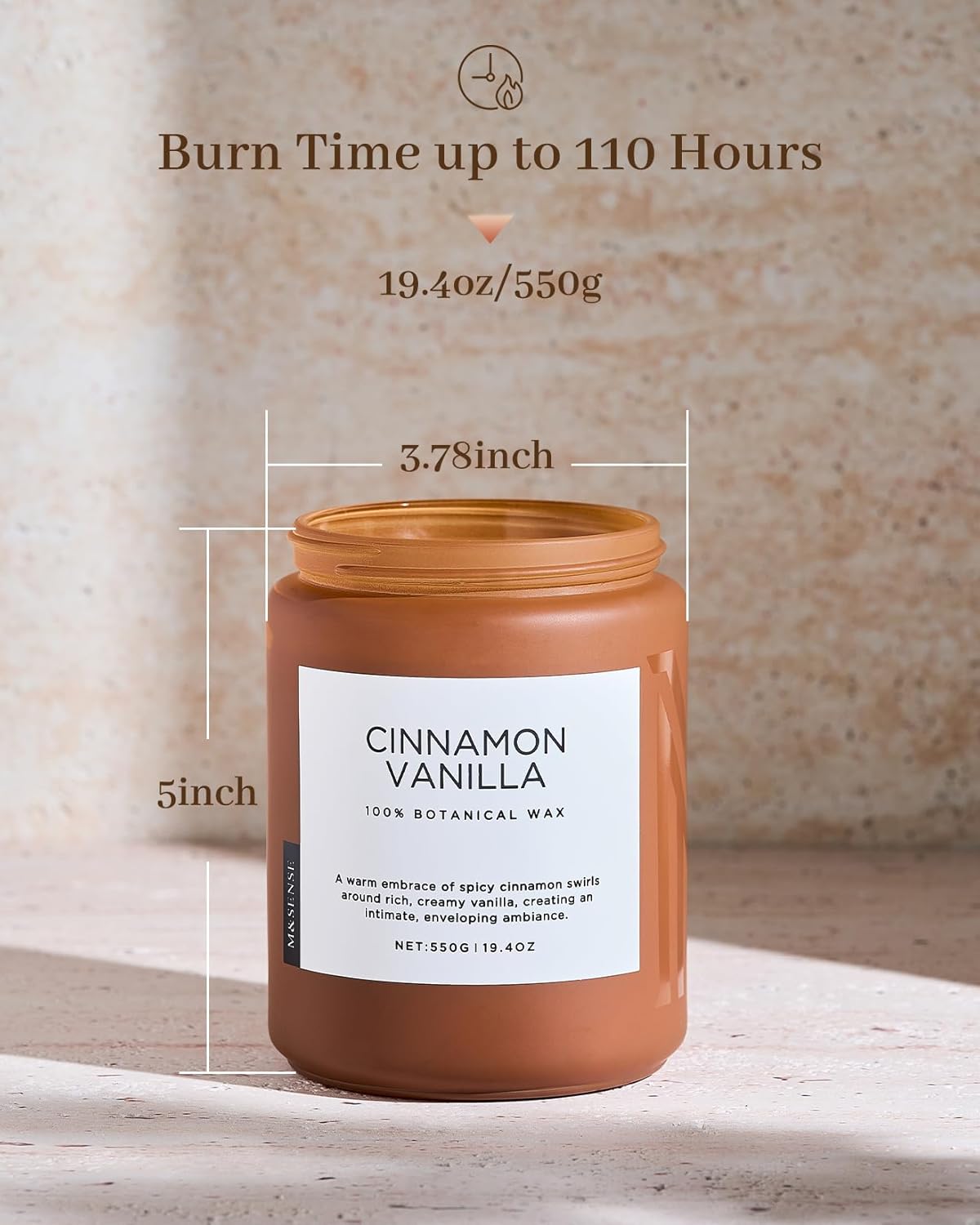 M&SENSE Cinnamon Vanilla Fall Scented Candles for Home, Natural Soy Wax 19.4oz 110 Hours Large Long