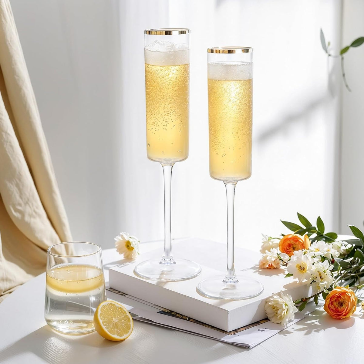 Ciaell 24 Pack Plastic Champagne Flutes - 6Oz Gold Rim Disposable Champagne Glasses - Square Clear