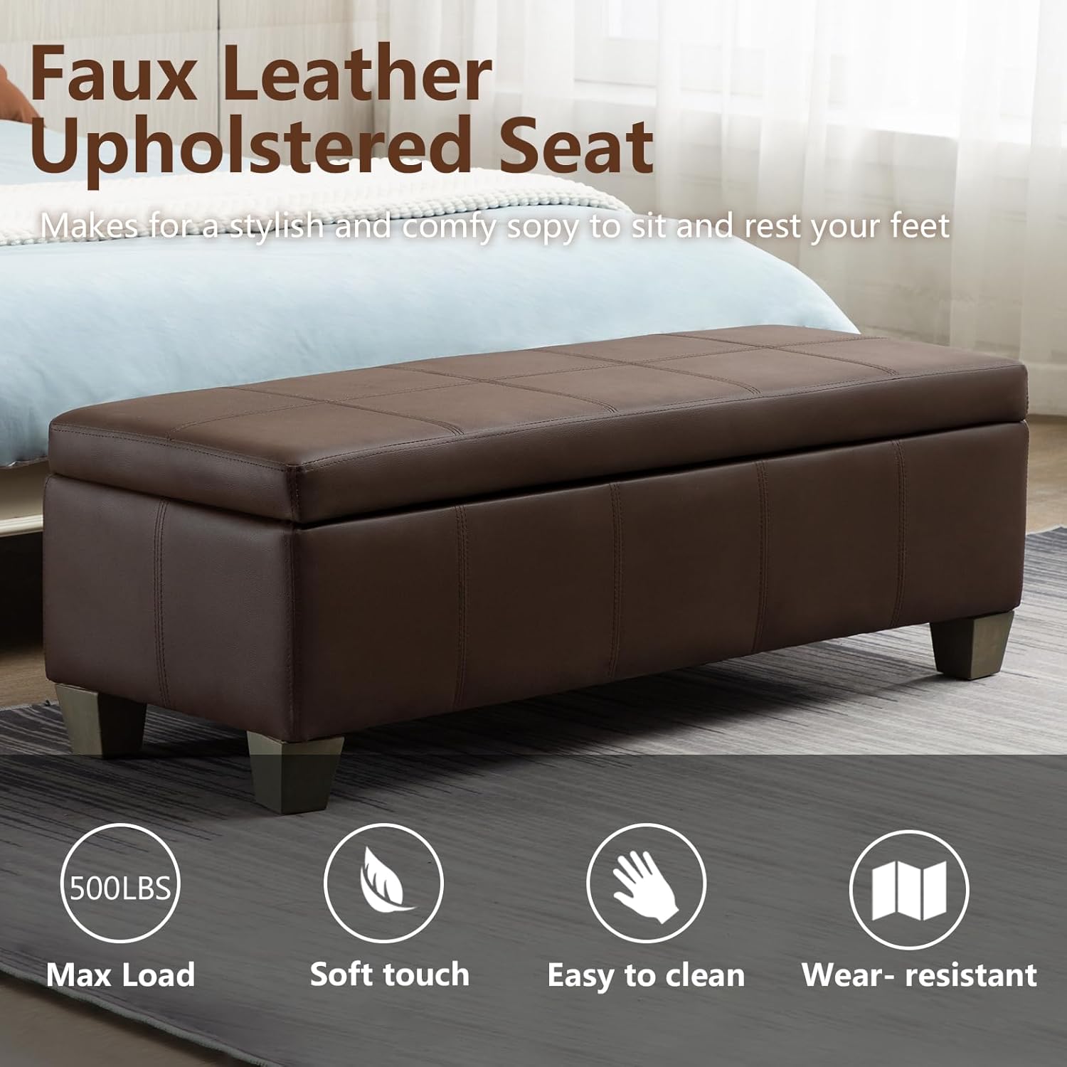 51 Inch Brown Faux Leather Ottoman with Storage, Rectangular Extra Long Bench, End of Bed Bench