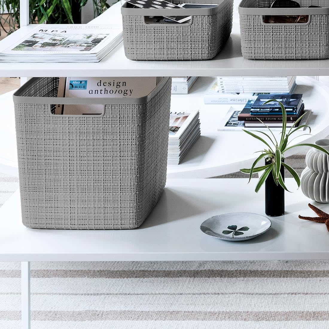 Curver Set of 4 Large Cube 17L Jute Decorative Plastic Organization and Storage Baskets - Perfect
