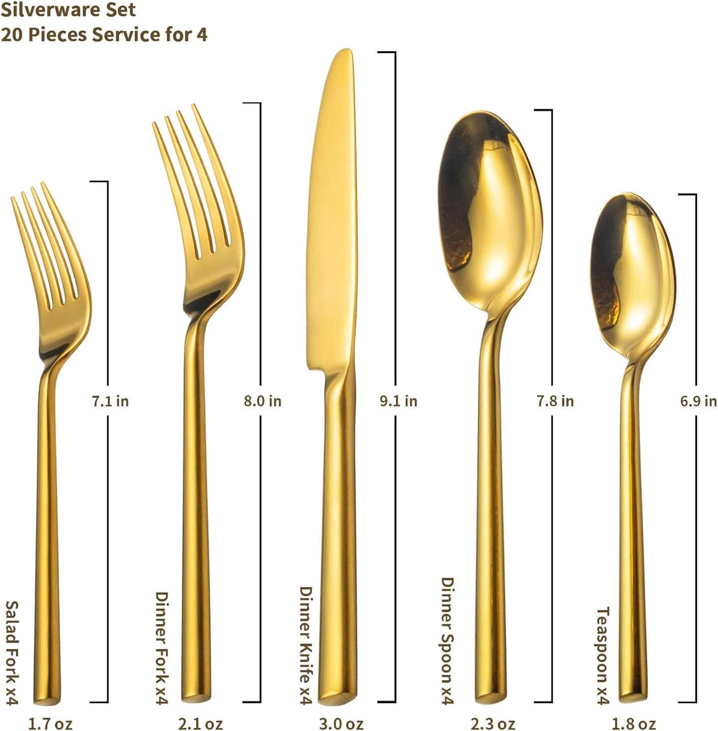 Alata Potter Gold 20-Piece Forged Silverware Set with Utensil-Serving Set, Service for 4, Stainless