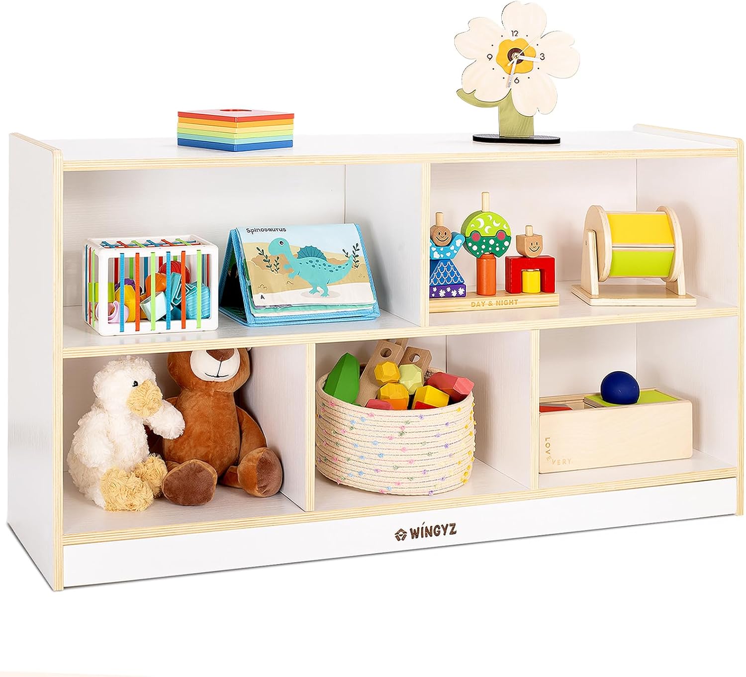 Toy Storage Organizer for Kids, 5-Compartment Wooden Storage Cabinet, Children Bookcase and