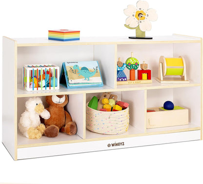 Toy Storage Organizer for Kids, 5-Compartment Wooden Storage Cabinet, Children Bookcase and