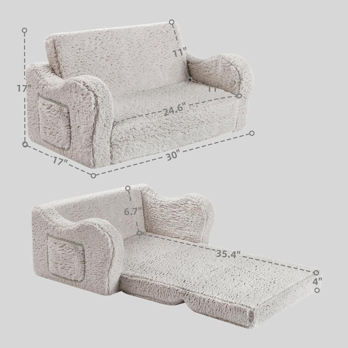 Kids Extra Wide Chairs for Toddler, 2-in-1 Toddler Soft Sherpa Couch Fold Out, Convertible Sofa to