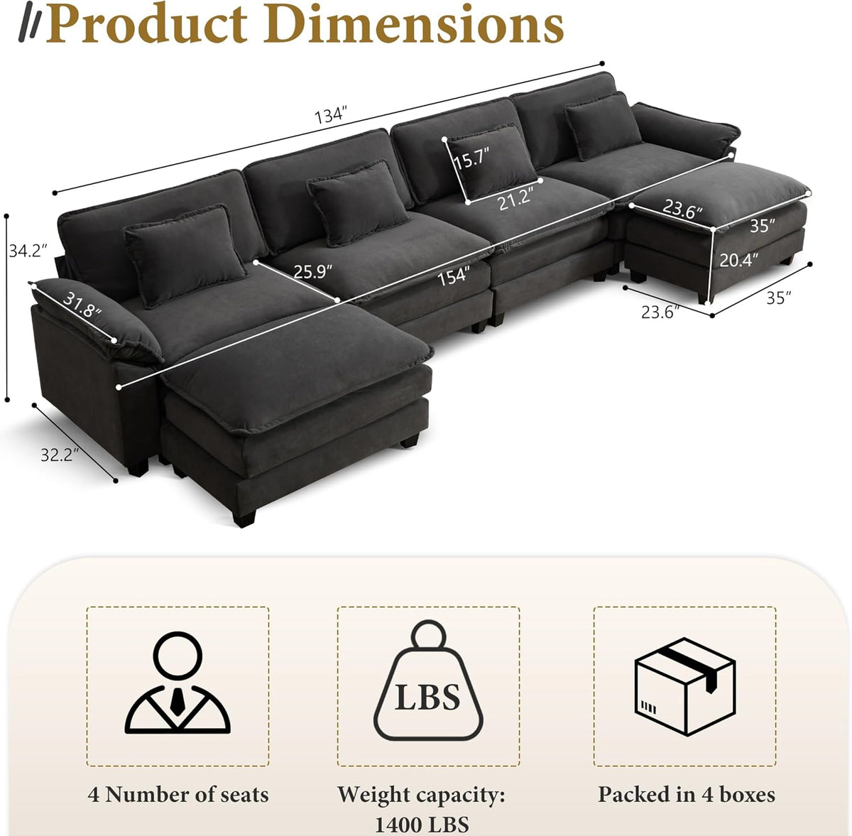 URRED Modular Sectional Sofa Comfy Cloud Couch, Modern Velvet Sofa Sleeper Deep Seat Couches with