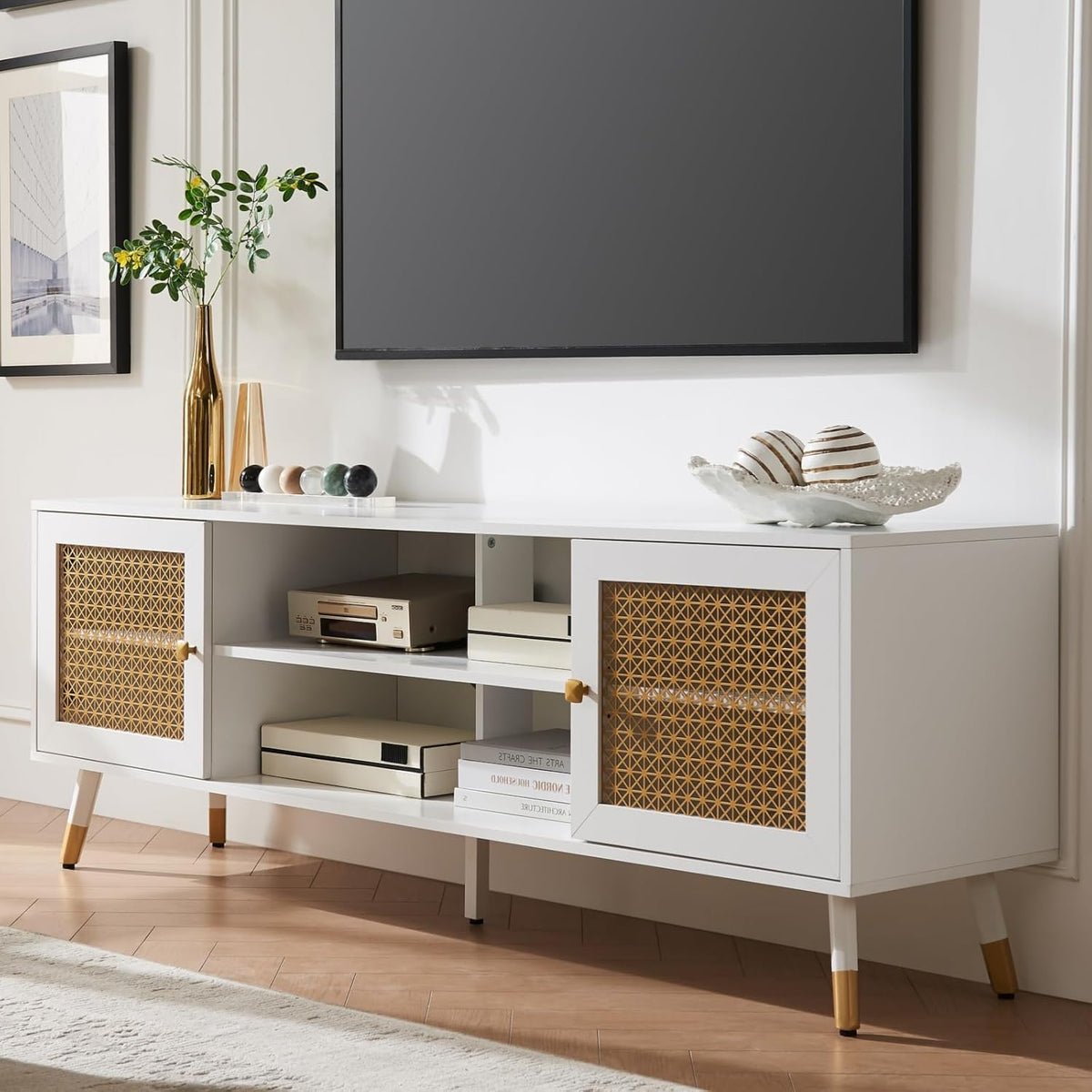 JYED Mid Century Modern TV Stand and Console for TVs Up to 75" - White Entertainment Center, 2 Gold