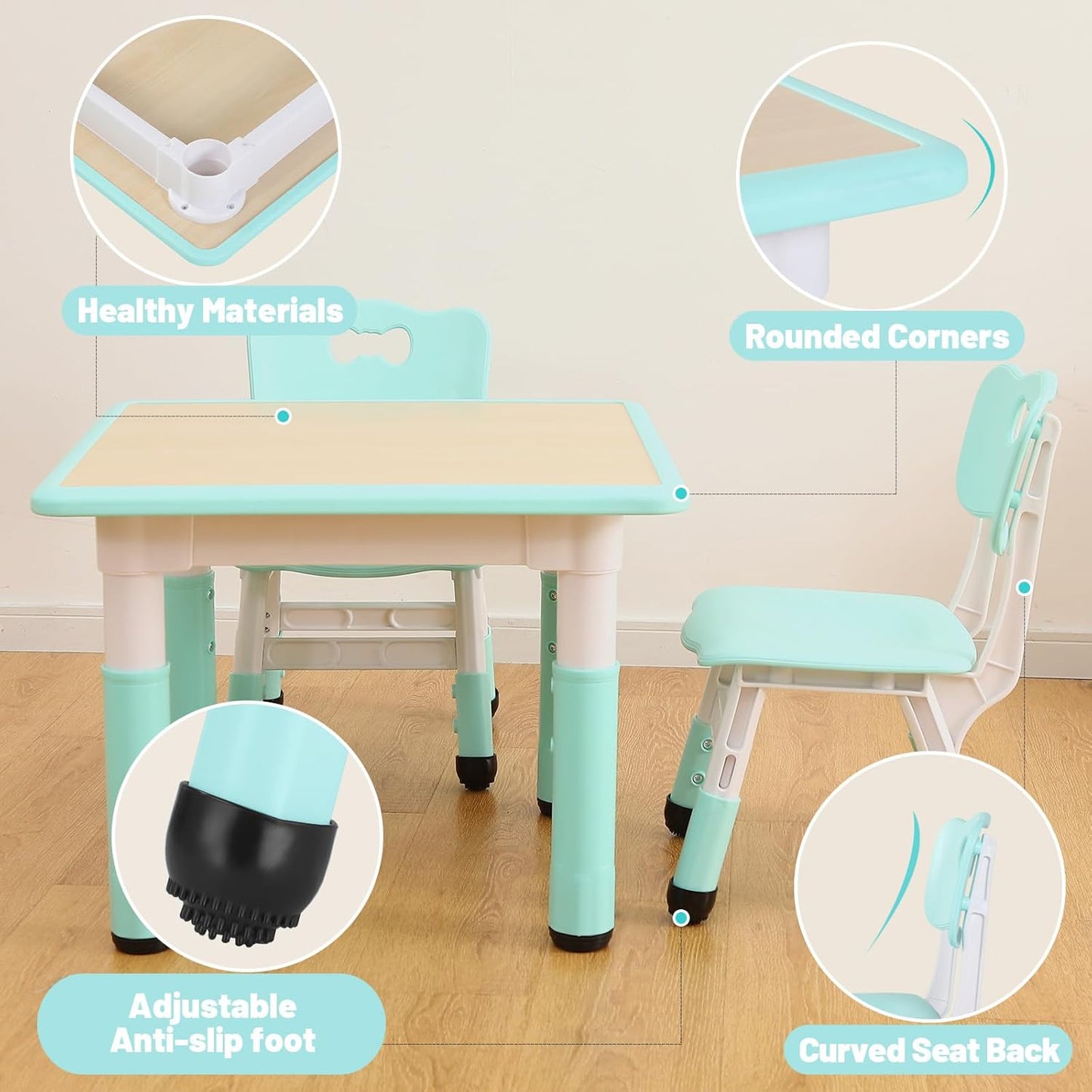 FUNLIO Kids Table and 4 Chairs Set, Height Adjustable Toddler Table and Chair Set for Ages 3-8