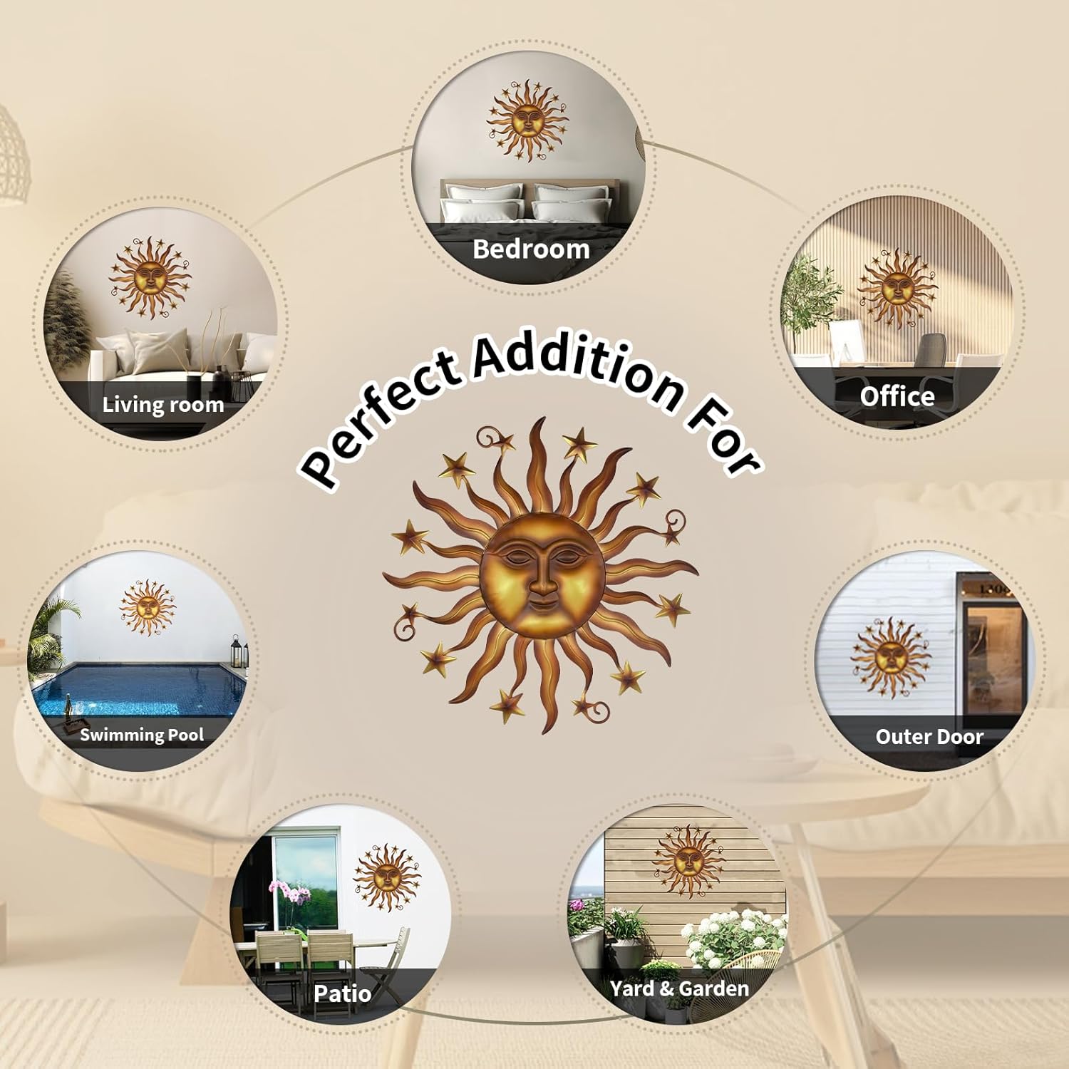 LIFFY 24" Sun Metal Wall Art Outdoor Decor - 3D Sun Face Metal Wall Sculpture - Hanging Decoration