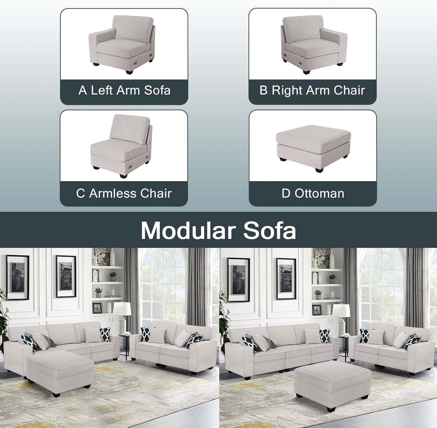 L Lengend Vansen Modular Sectional Sofa U Shaped Couch with Ottoman Modern Reversible Corner
