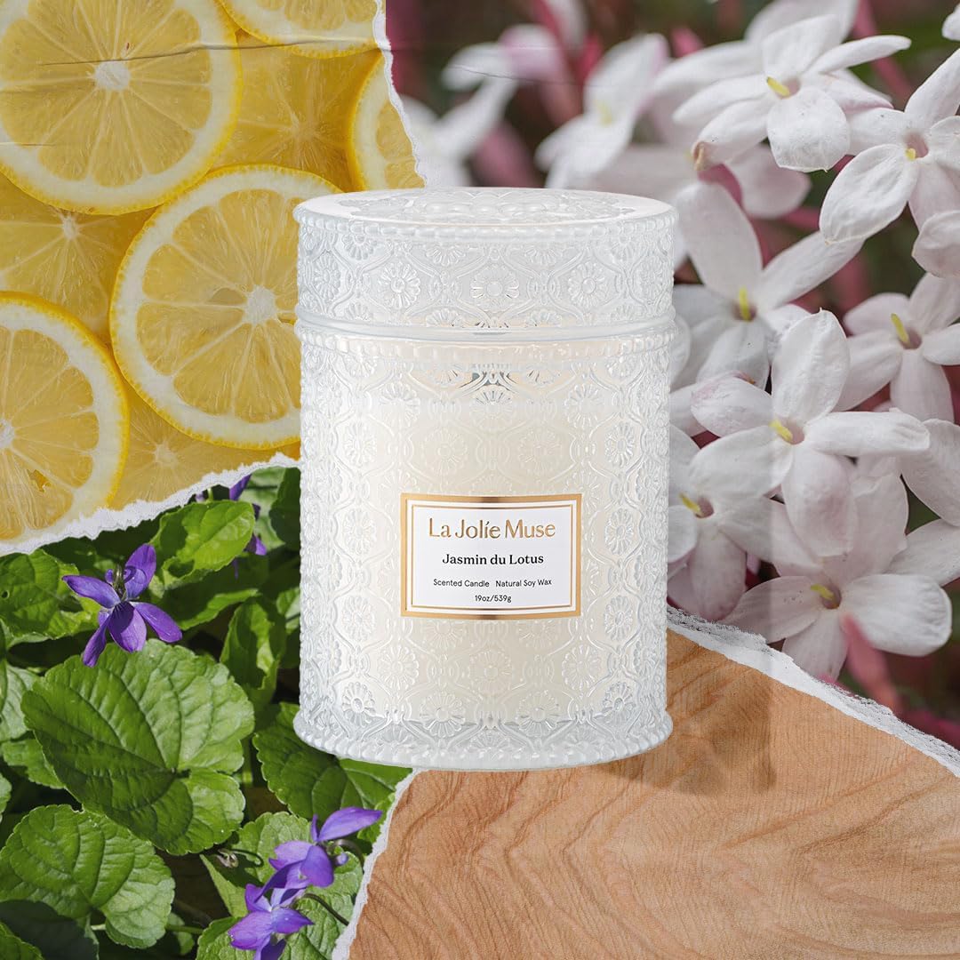 LA JOLIE MUSE Jasmin du Lotus Candle - Ivy, Jasmine, Cedarwood | 19 oz Large Wooden Wick Candle |