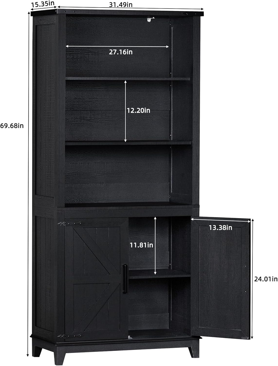 70in Tall Bookshelf 5 Tier Bookcase with Barn Doors and Adjustable Shelves, Black Farmhouse Book