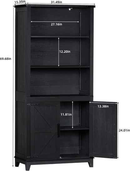 70in Tall Bookshelf 5 Tier Bookcase with Barn Doors and Adjustable Shelves, Black Farmhouse Book