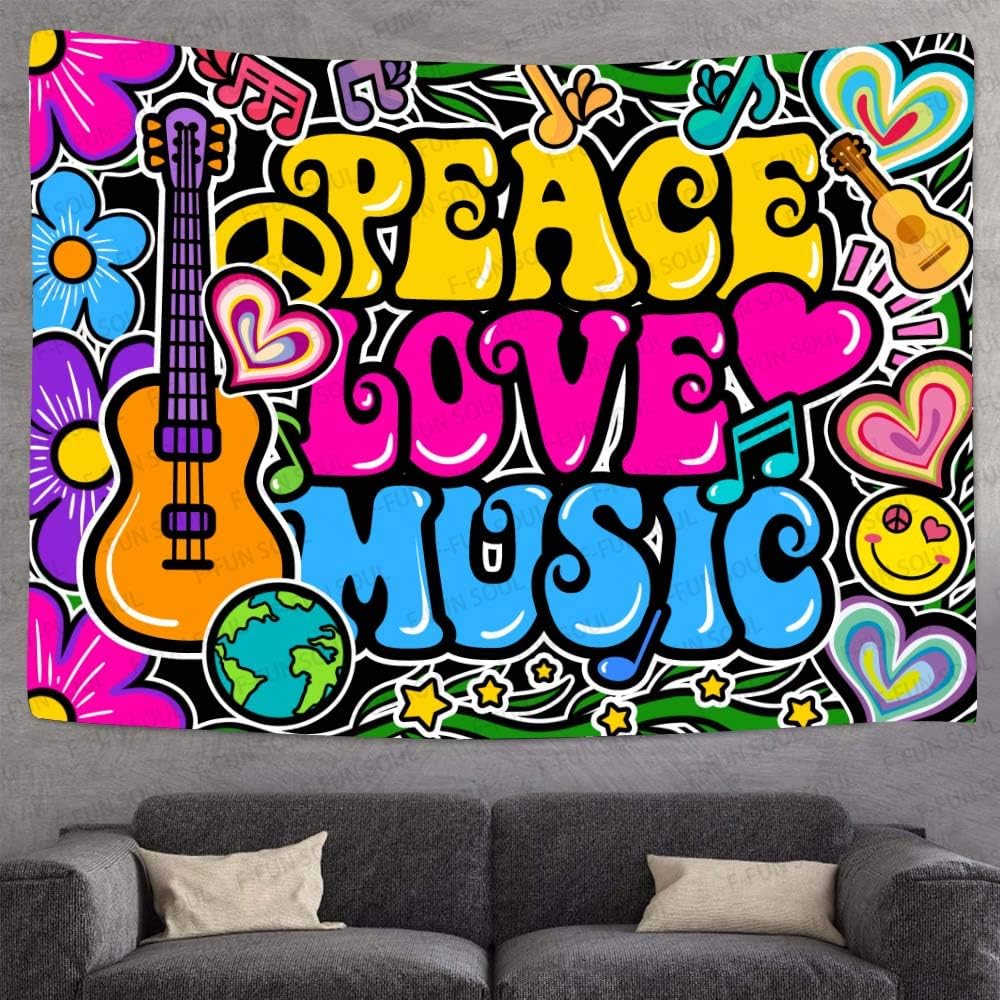 F-FUN SOUL Peace Love and Music Tapestry, 80x60inches Soft Flannel, Guitar Symbol Dove Flowers