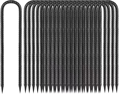 Ground-Stakes-Heavy-Duty-12 inch, U-Hook Rebar Stakes Black Coated Anti-Rust 16pcs Garden Stakes
