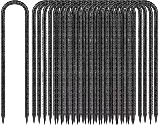Ground-Stakes-Heavy-Duty-12 inch, U-Hook Rebar Stakes Black Coated Anti-Rust 16pcs Garden Stakes