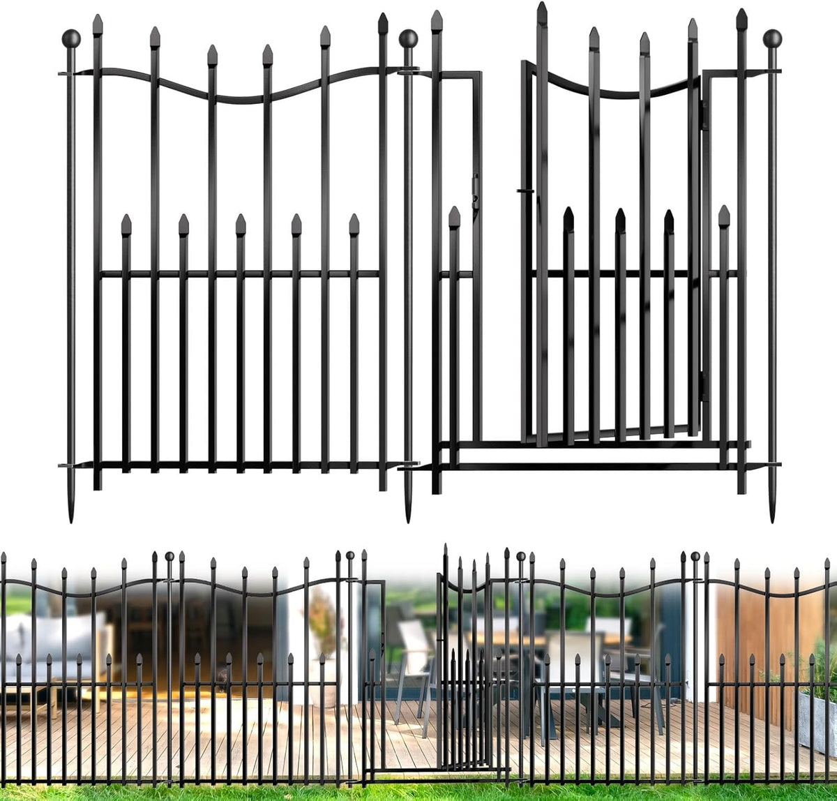 10 Panels No Dig Decorative Garden Fence with Gate, 32in(H) × 22ft(L) Heavy-Duty Rustproof Metal