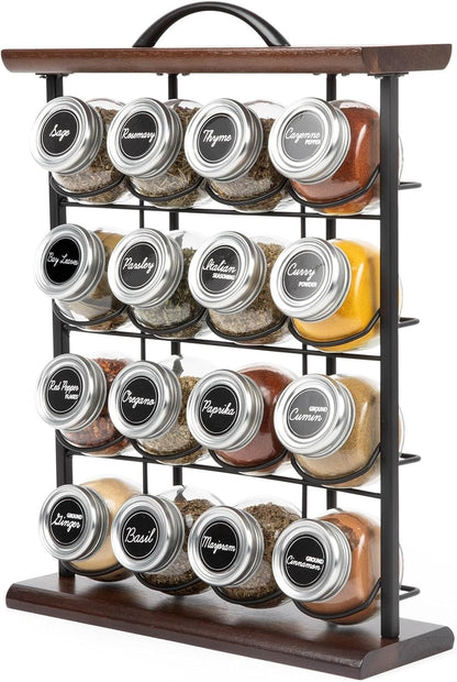 Orii 16 Jar Acacia Wood & Metal Wire Spice Rack with Spices Included, Storage for Spices and