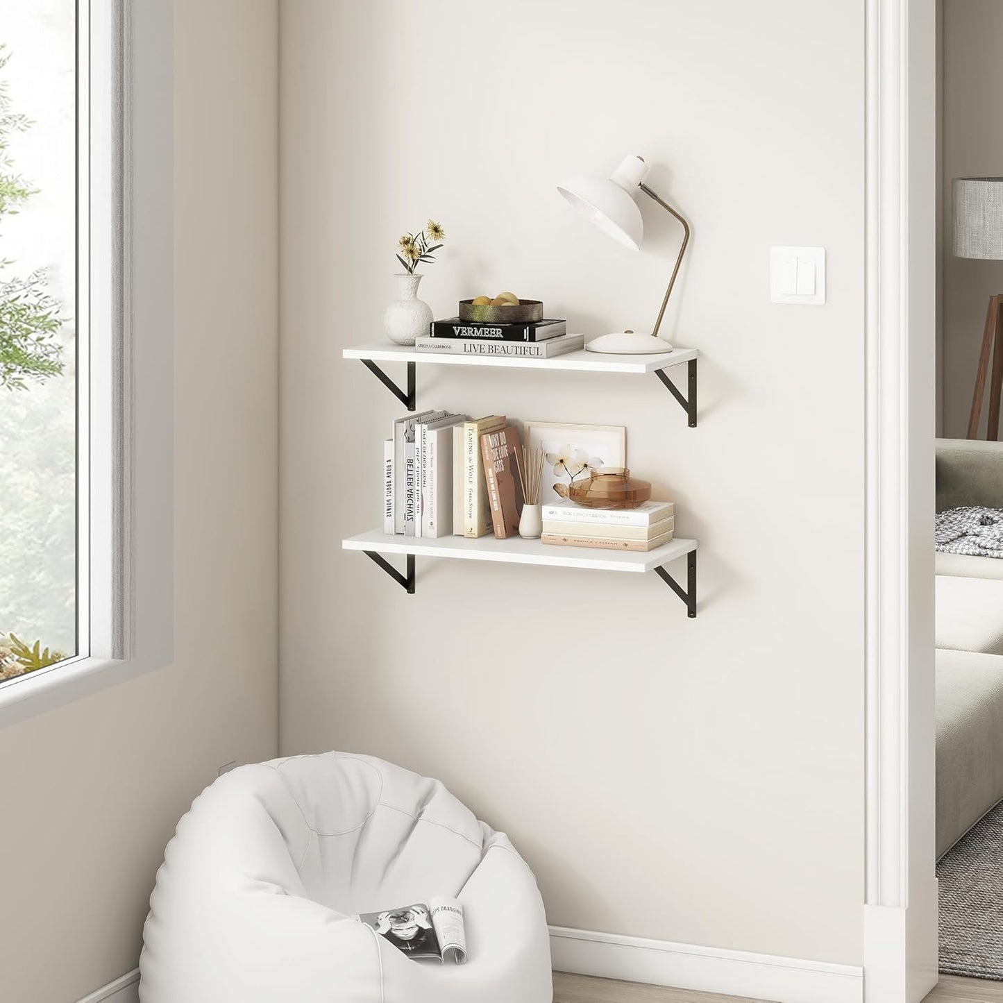 Fun Memories 27.5" W x12 D Floating Shelves, White Wall Shelf with Brackets, 12 Inch Deep Floating