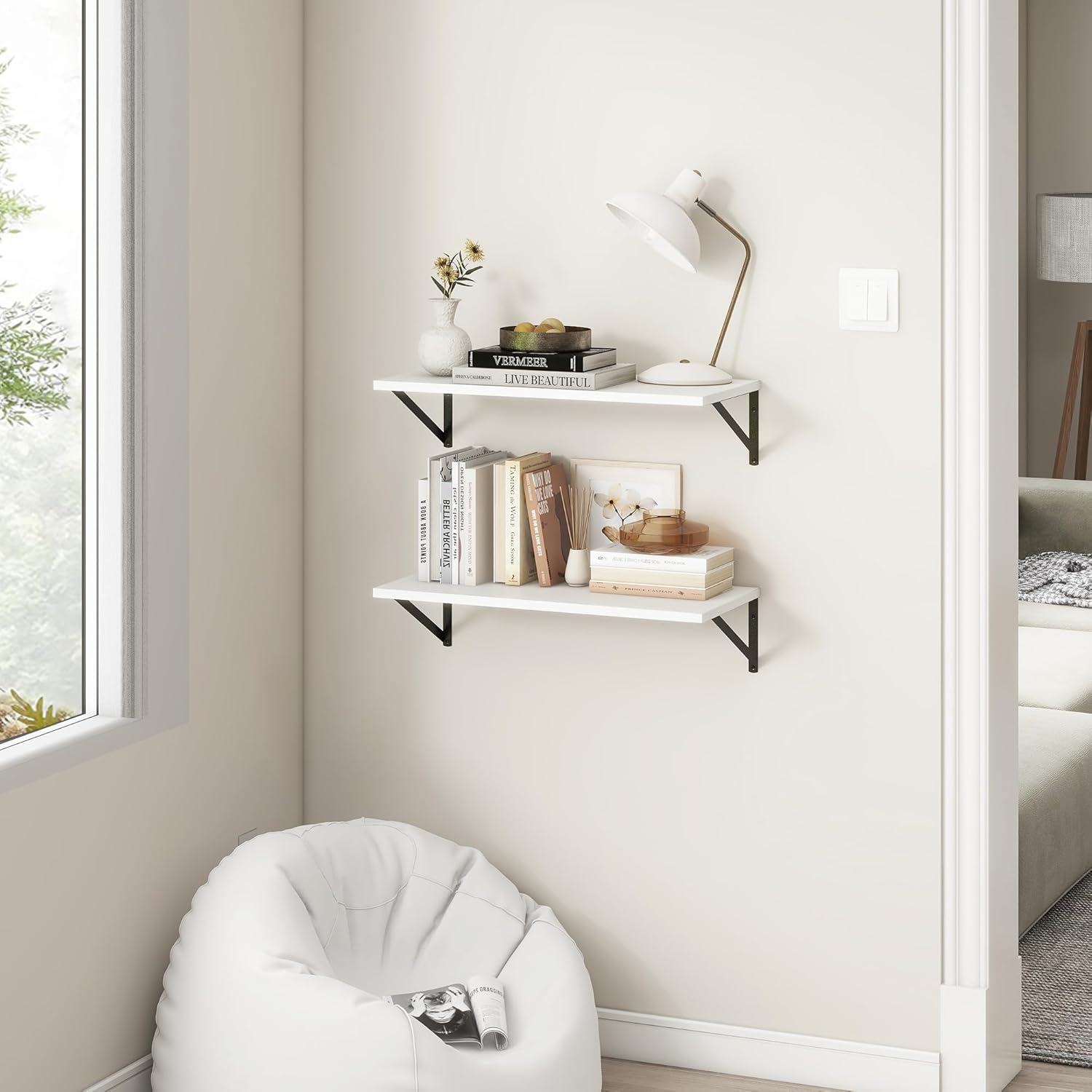 Fun Memories 27.5" W x12 D Floating Shelves, White Wall Shelf with Brackets, 12 Inch Deep Floating