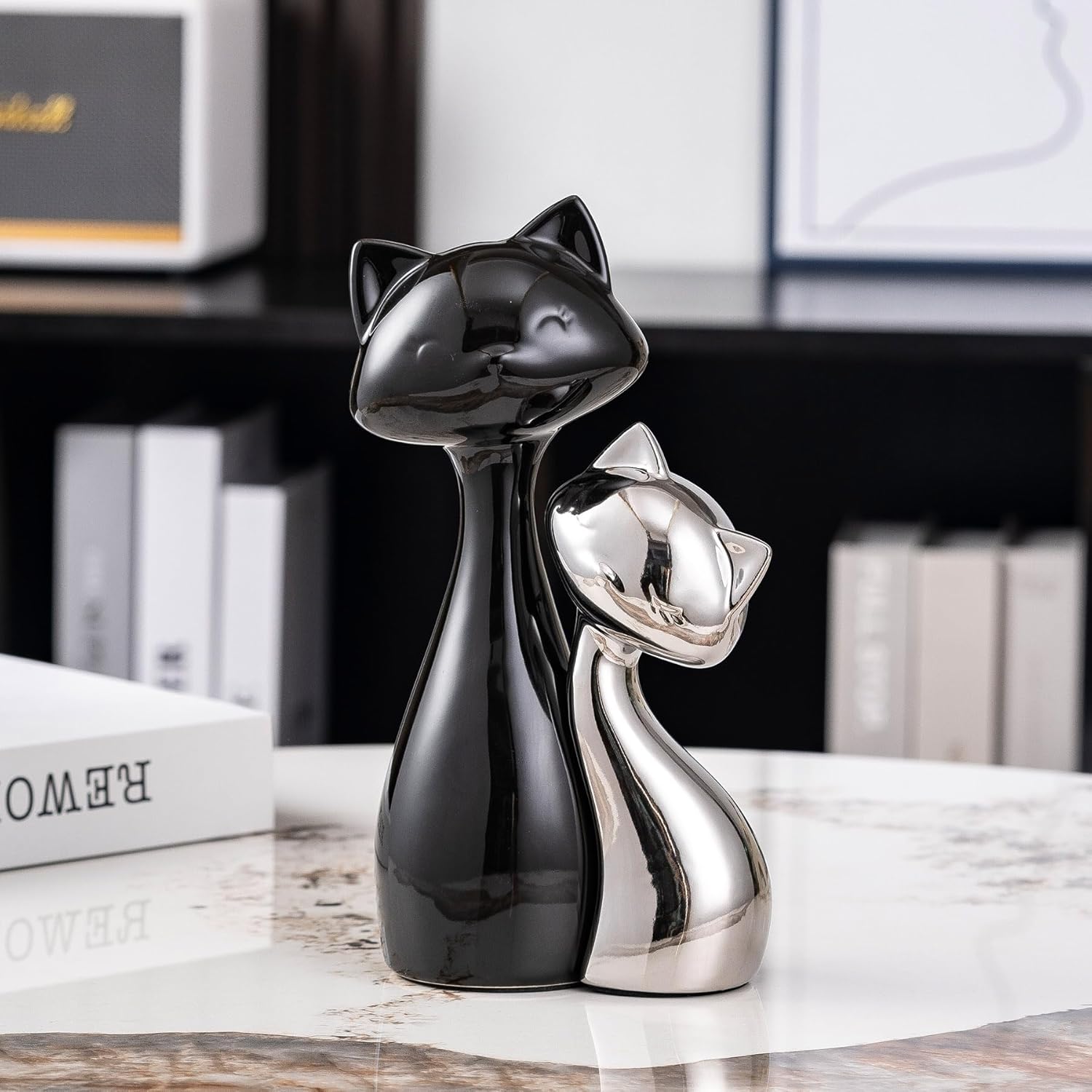 Ceramic Cat Statue Set, Black & Silver Cute Home Decor Figurines, Lucky Cats Desk Accessories for