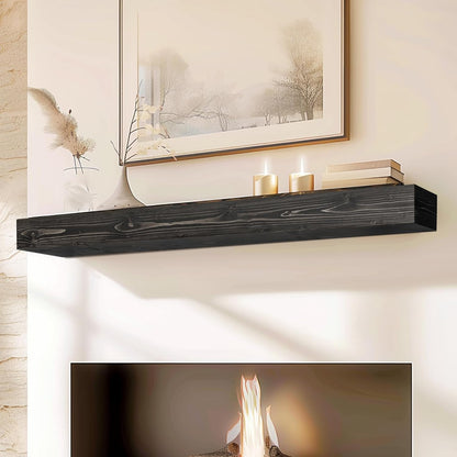 60x8x5 Fireplace Mantel - Handcrafted Hollow Rustic Solid Wood Wall Mounted Floating Shelf with