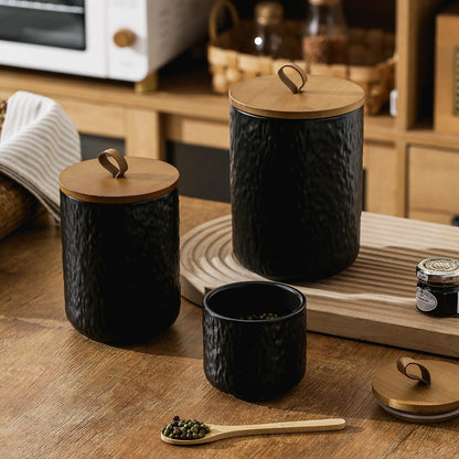 Black White Ceramic Coffee Canister Tea Canister with Seal Wood Lid, Airtight Coffee Storage