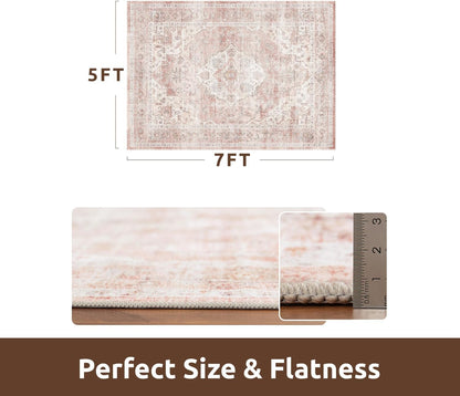 AMOAMI-Area Rug 5X7 Rugs for Living Room-Vintage Soft Pink Rugs for Bedroom-Non Slip Carpet-Machine