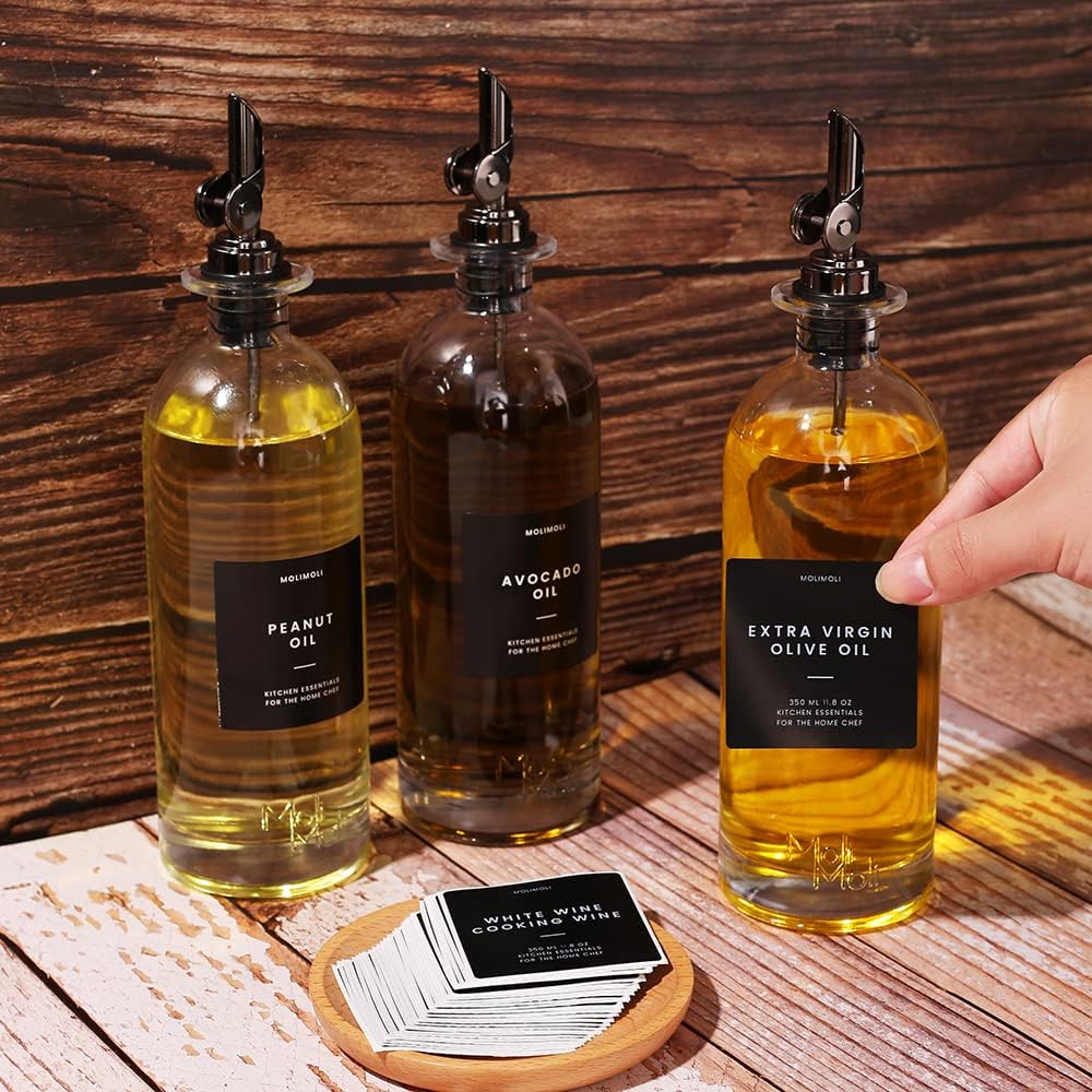 Molimoli Oil and Vinegar Dispenser with Metal Pour Spout, Weighted Pourer, Glass Bottle Dispenser