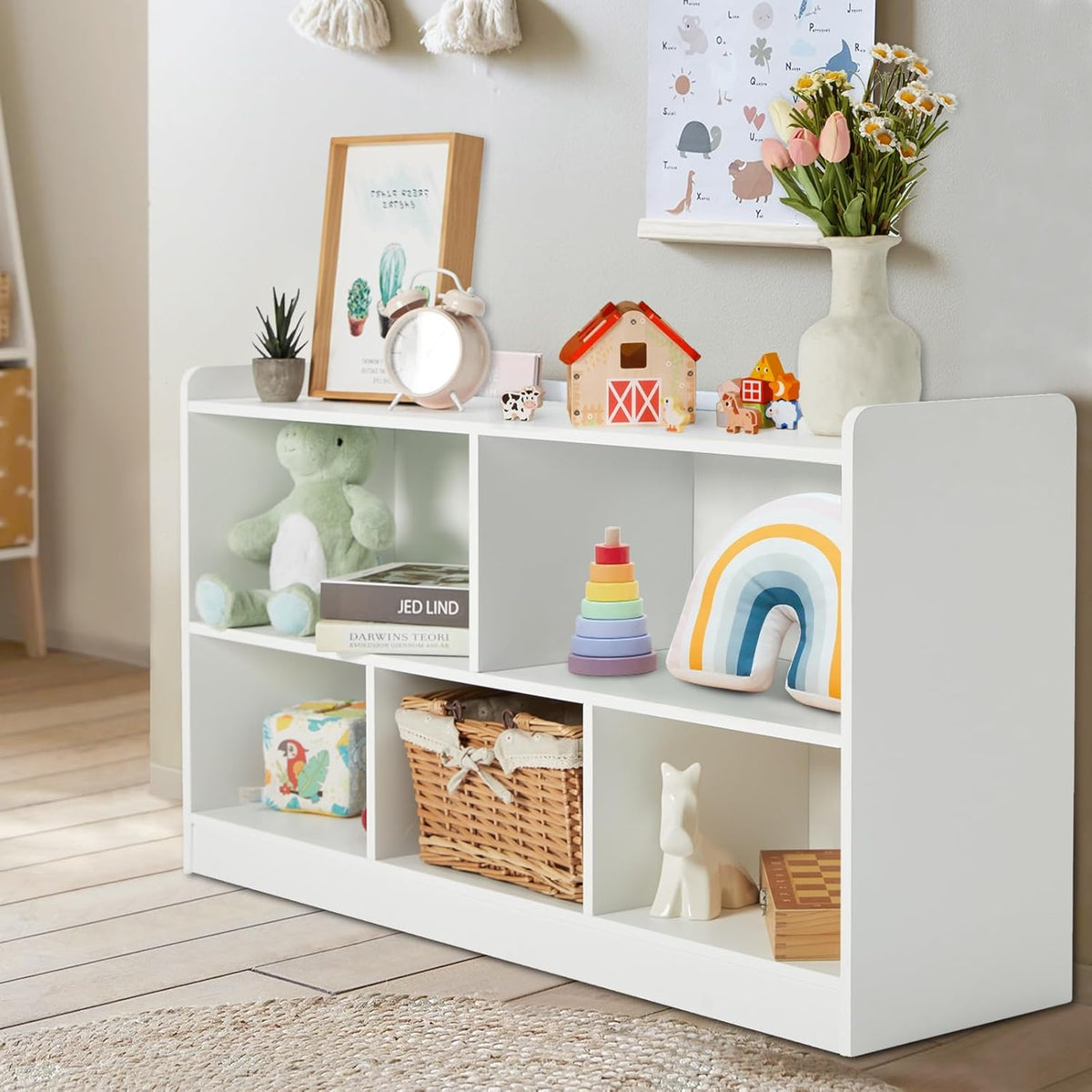 Montessori Shelf, Wooden Toy Storage Organizer for Books Toys, 2 Shelf Bookcase, 5-Section Storage