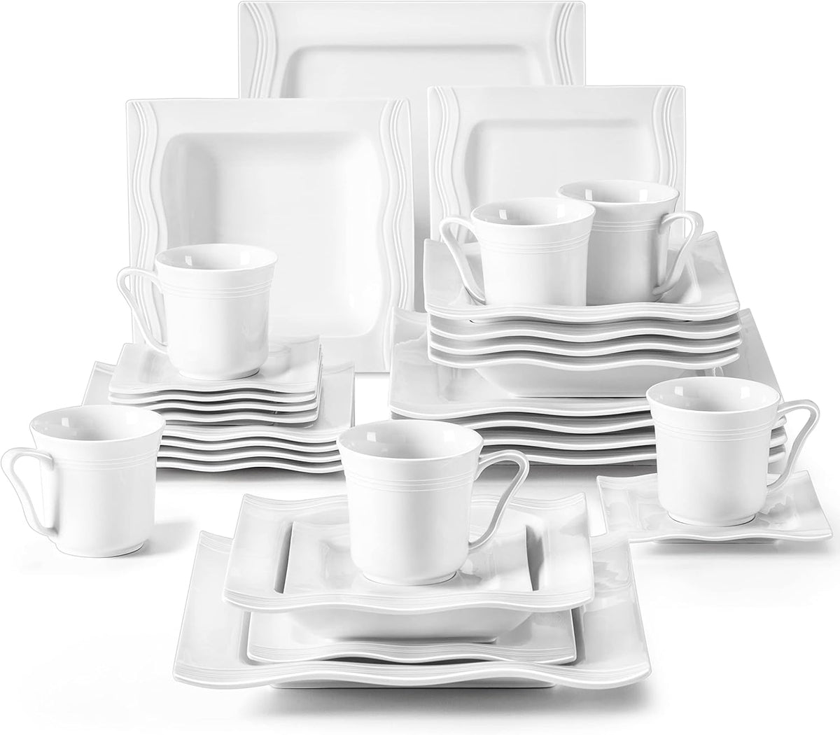 MALACASA 30 Pieces Dinnerware Sets, Modern Ivory White Plates and Bowls Sets for 6, Porcelain Dish