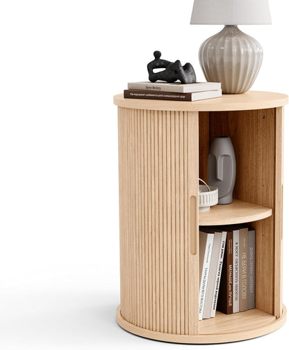 LINSY HOME Round Fluted End Table, Tall Side Table with Sliding Tambour Door and Storage Shelf