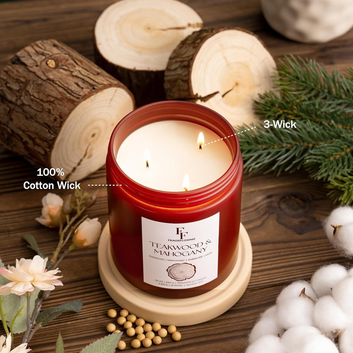 Teakwood & Mahogany Large Scented Candle, 3-Wick 22oz Long Lasting Scented Candle, Natural Soy Wax