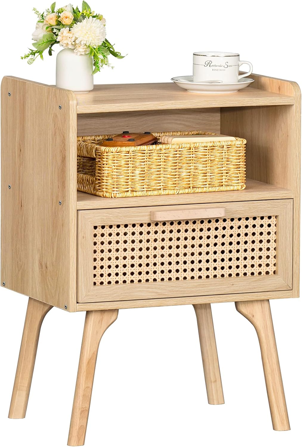 Lerliuo Rattan Nightstand, Boho Side Table with Drawer Open Shelf, Cane Accent Bedside End Table